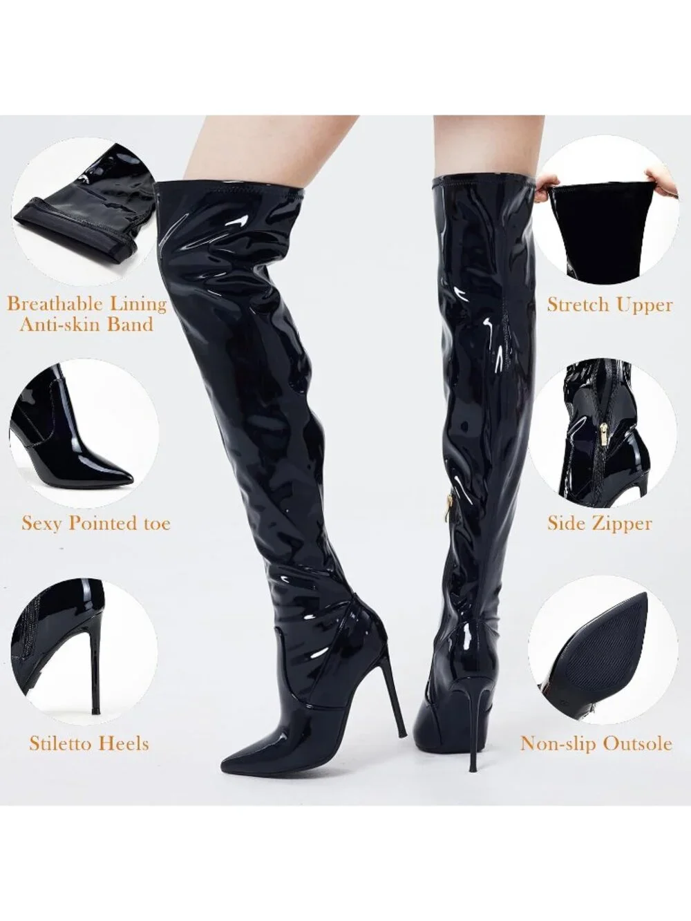 🆕Women's Patent Leather Black Over The Knee Boot Stiletto Pointed Toe High Heel